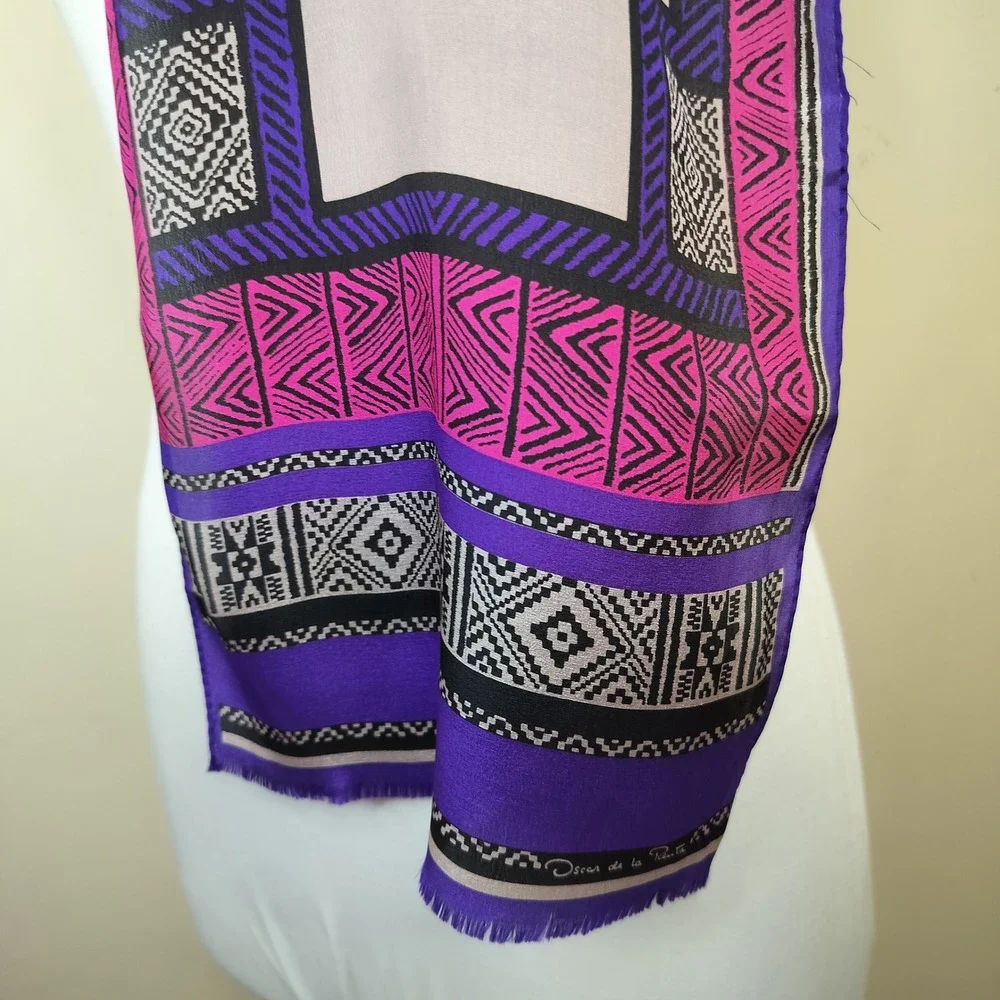 Oscar de la Renta Silk Scarf 51x10 Geometric Tribal Bohemian Purple Pink Grey